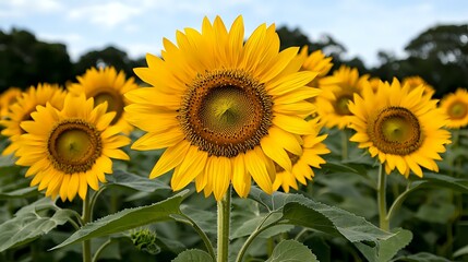 Fototapeta premium Vibrant sunflowers in full bloom against green foliage, showcasing bright yellow petals and rich brown centers in natural sunlight. Suitable for nature and garden themes.