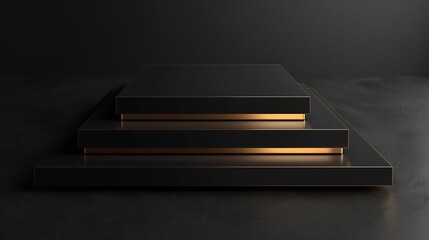 Minimalist futuristic design layers of matte black surfaces elegant gold accents composition crisp clean subtle highlights give sense of depth dimension gold detailing enhances sense of exclusivity