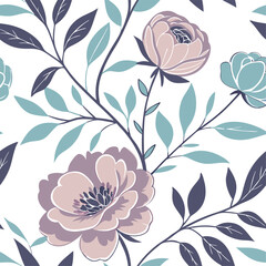 Elegant Pastel Floral Seamless Pattern Design Pretty Pink and Teal Flowers and Leaves