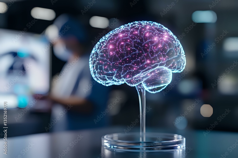 Poster glowing translucent brain model with purple inner core and blue neural network pattern on display st