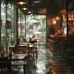 Fototapeta premium Cozy cafe interior on a rainy day, soft lighting reflects off wet tables. The perfect spot for a quiet moment indoors.