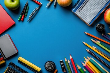 Back to school supplies arranged around a vibrant blue background. Apples, pencils, notebooks, and more!