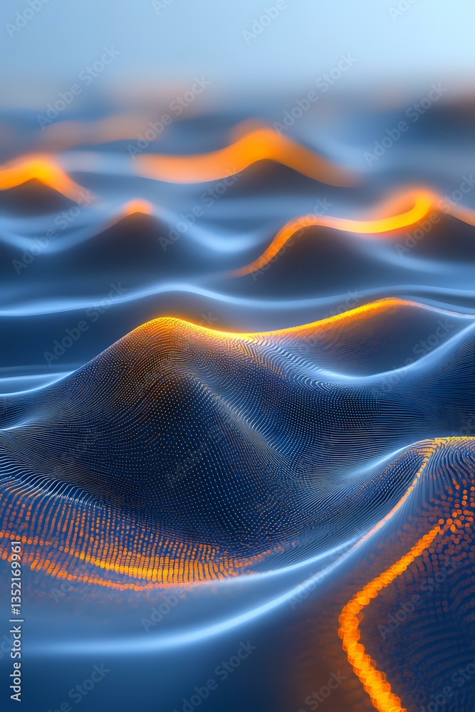 Poster Abstract digital waves with glowing orange light effects on deep blue surface creating dynamic flowing landscape pattern with particle mesh texture.