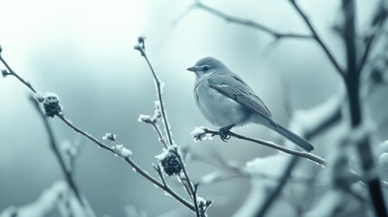 Fototapeta premium Serene Winter Bird on Snowy Branch: A Moment of Tranquility