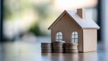 Wooden house model with stacked coins representing real estate investment savings and financial growth