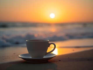 Morning coffee at the beach with sunrise lighting up the sky and waves gently lapping at the shore