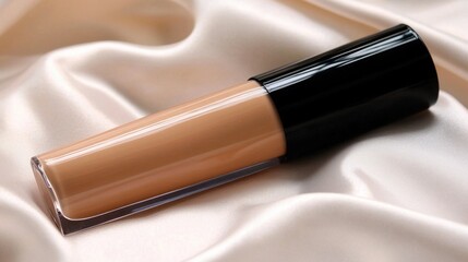 A tube of matte foundation lying on a soft, plush pillow for a luxury beauty feel.