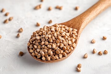 A wooden spoon is full of healthy buckwheat seeds