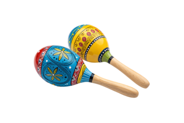 A pair of maracas with detailed blue, yellow, and red floral designs, smooth wooden handles, and glossy lacquered finishes, isolated on a transparent background