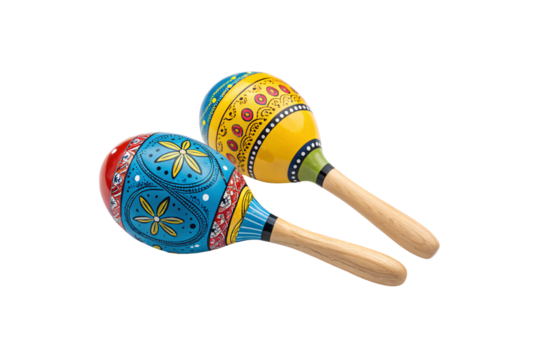 A pair of maracas with detailed blue, yellow, and red floral designs, smooth wooden handles, and glossy lacquered finishes, isolated on a transparent background
