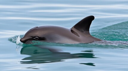 Obraz premium A vaquita porpoise swimming just below the ocean's surface, its small, elusive form barely visible.