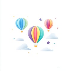 Colorful hot air balloons float with clouds and starry decorations