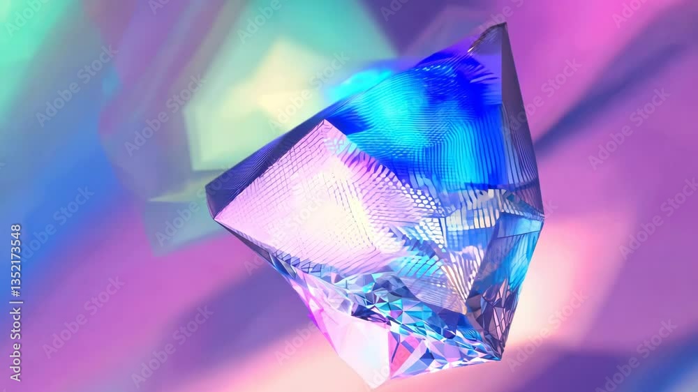 Poster abstract holographic crystal shapes in motion on iridiscent violet background