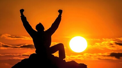 Fototapeta premium Triumphant Silhouette at Sunset: A Victorious Man Celebrates Success Atop a Mountain Peak