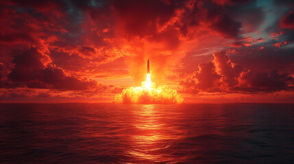 Rocket launch over ocean at sunset with dramatic red clouds, concept of space exploration and future technology