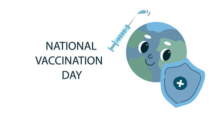 National immunization day, vaccination campaign benefit for public health protection concept.Smiling cartoon earth globe holding syringe and shield. vector