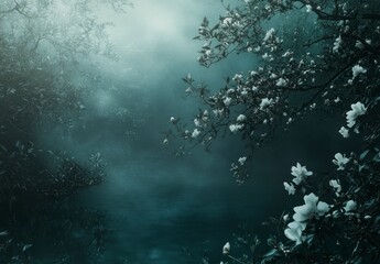 Fototapeta premium Blooming White Flowers in Mystical Foggy Lake Landscape Nature Scene