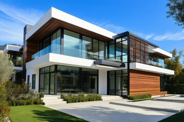 Modern house exterior design with glass windows and wooden panels on the walls. Luxury home in an urban area against a blue sky
