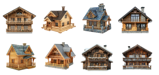 Collection of Chalet front view full length isolate on transparency background