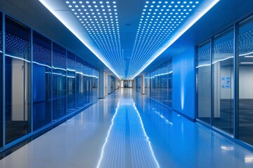 Fototapeta premium Walking Through Modern Office Hallway with Blue Lighting and Glass Walls