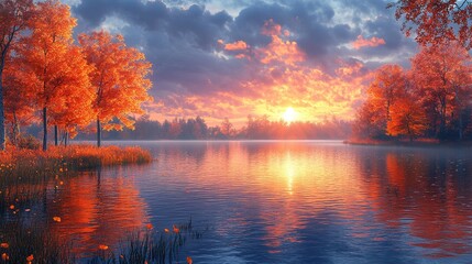 A serene lake at sunset, vibrant fall foliage on trees reflects in the calm water