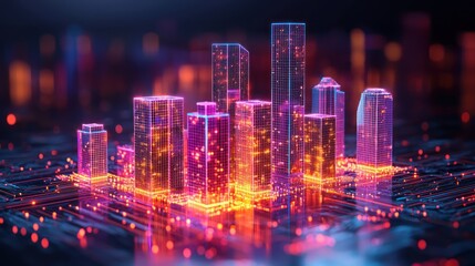 Futuristic city model on circuit board, glowing. Possible use stock photo for technology, innovation, or architecture concepts