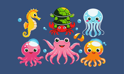 A modern vector-style illustration of six cute sea creatures on a blue background, easy to edit. 