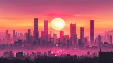 Fototapeta premium City skyline at sunset, vibrant digital art, urban landscape