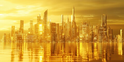 Fototapeta premium A futuristic city reflecting in calm water during a golden sunset