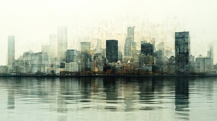 Fototapeta premium City skyline reflected in water, stylized art, urban landscape, tranquil scene, possible use for wallpaper, phone background, or poster