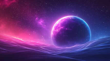 Vibrant alien planet rising over glowing purple and blue dunes under a starry sky.
