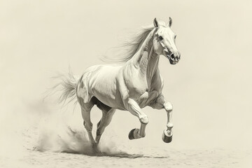 Fototapeta premium White horse galloping on sandy beach under a clear blue sky.