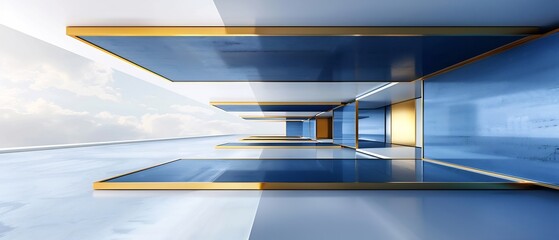Modern architectural abstract artwork floating Blue panels edged radiant gold depth of layers creates striking three dimensional effect while gold highlights exude air of exclusivity sophistication