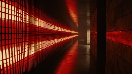 Red lit tunnel, futuristic, corridor, glowing lights.  Possible use Background for a sci-fi film