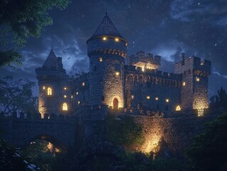 Obraz premium Majestic stone castle illuminated at night under a starry sky, evoking a sense of history and fantasy. #castle #night #fantasy