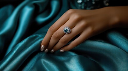 Fototapeta premium Elegant Teal Silk and Diamond Ring