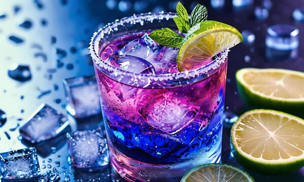 Colorful cocktail with ice and lime, dark background, perfect for summer drinks menu