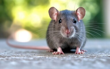 Cute Brown Rat Standing on Concrete Surface Outdoors with Bokeh Background