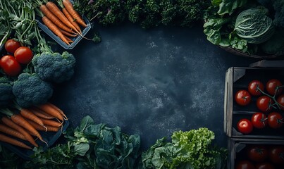 This is a rich, moody, and vibrant close-up shot of fresh vegetables, including tomatoes, carrots, cabbage, broccoli, and leafy greens