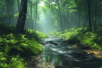 Obraz premium A stream winds through a lush, green forest with sunlight filtering through trees