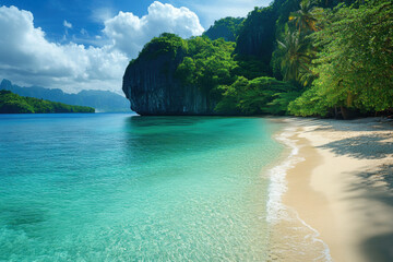 Fototapeta premium Sandy beach lined with palm trees under bright blue sky at Elo Island, with crystal-clear turquoise waters crashing gently against the shore.
