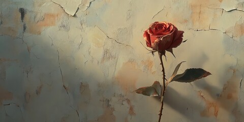 A single red rose stands against a distressed painted wall