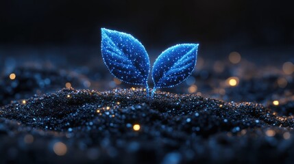 Glowing sprout emerging from dark soil, representing growth and new beginnings; ideal for sustainability concepts