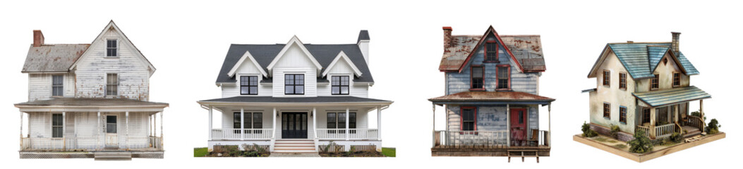 Collection of Farmhouse front view full length isolate on transparency background