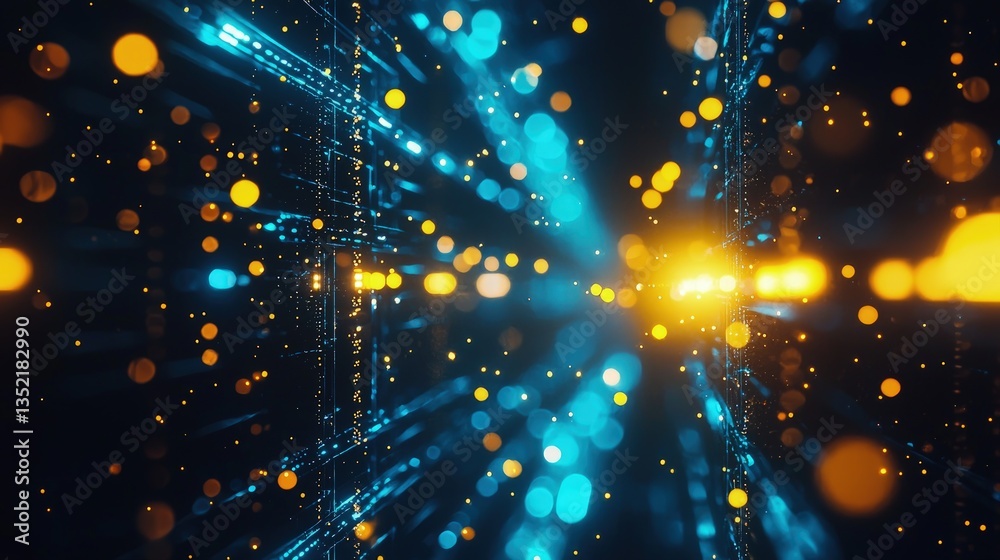 Aufkleber Abstract digital data center with glowing blue lines and floating yellow particles, creating a high-tech tunnel effect. Ideal for tech backgrounds, innovation concepts, or network visuals