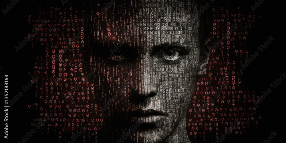 Poster the picture of the human face that has been paint with binary code on the face in the dark room, bin