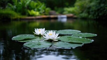 Two white water lilies on a tranquil pond