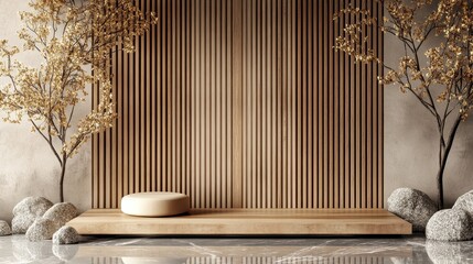 Wooden Platform Decorated With Trees and Gray Rocks Beautifully Displays Space