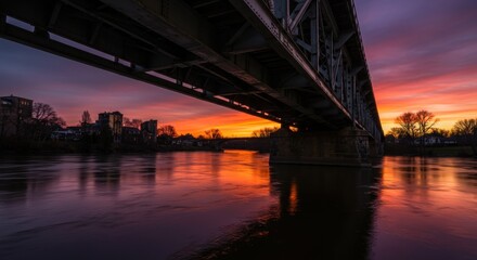 Naklejka premium Bridge View at Sunset Over River with Colorful Sky Reflection