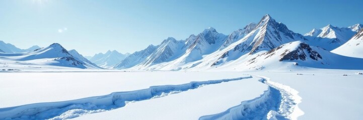 Fototapeta premium Cratered snowfield, deep shadows, distant mountain range, shadow, snowfield, season